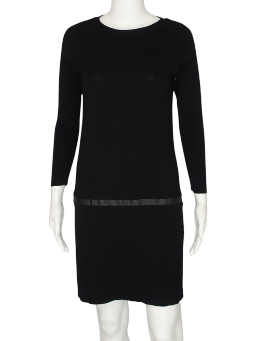 COS Black 100% Wool Knit Sweater Dress With Leather Stripe 3/4 Sleeve XS